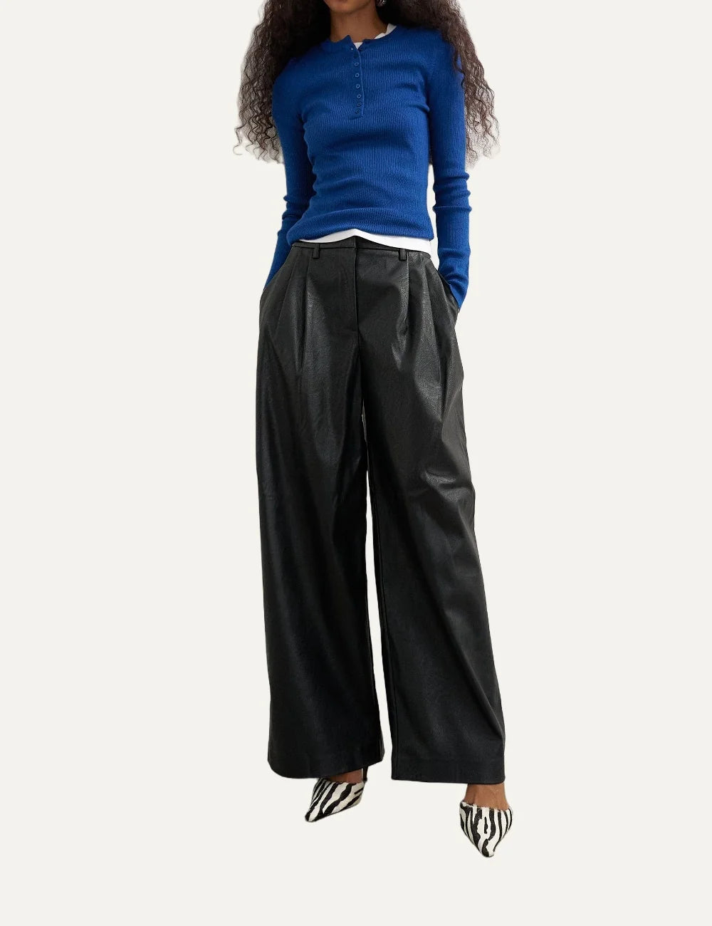 Topshop women's black coated wide-leg trousers with leather-look finish and front pleats full body