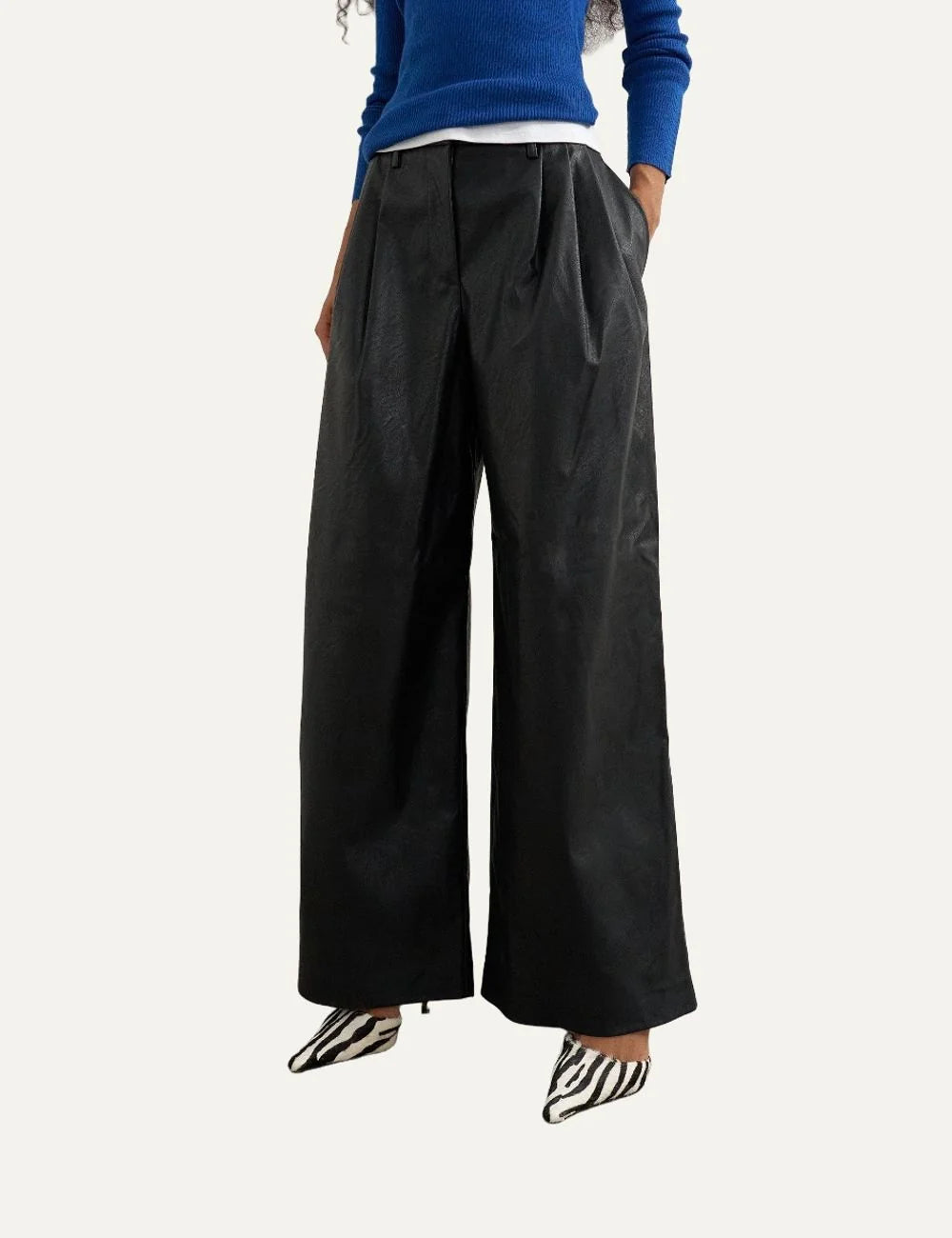 Topshop women's black coated wide-leg trousers with leather-look finish and front pleats.