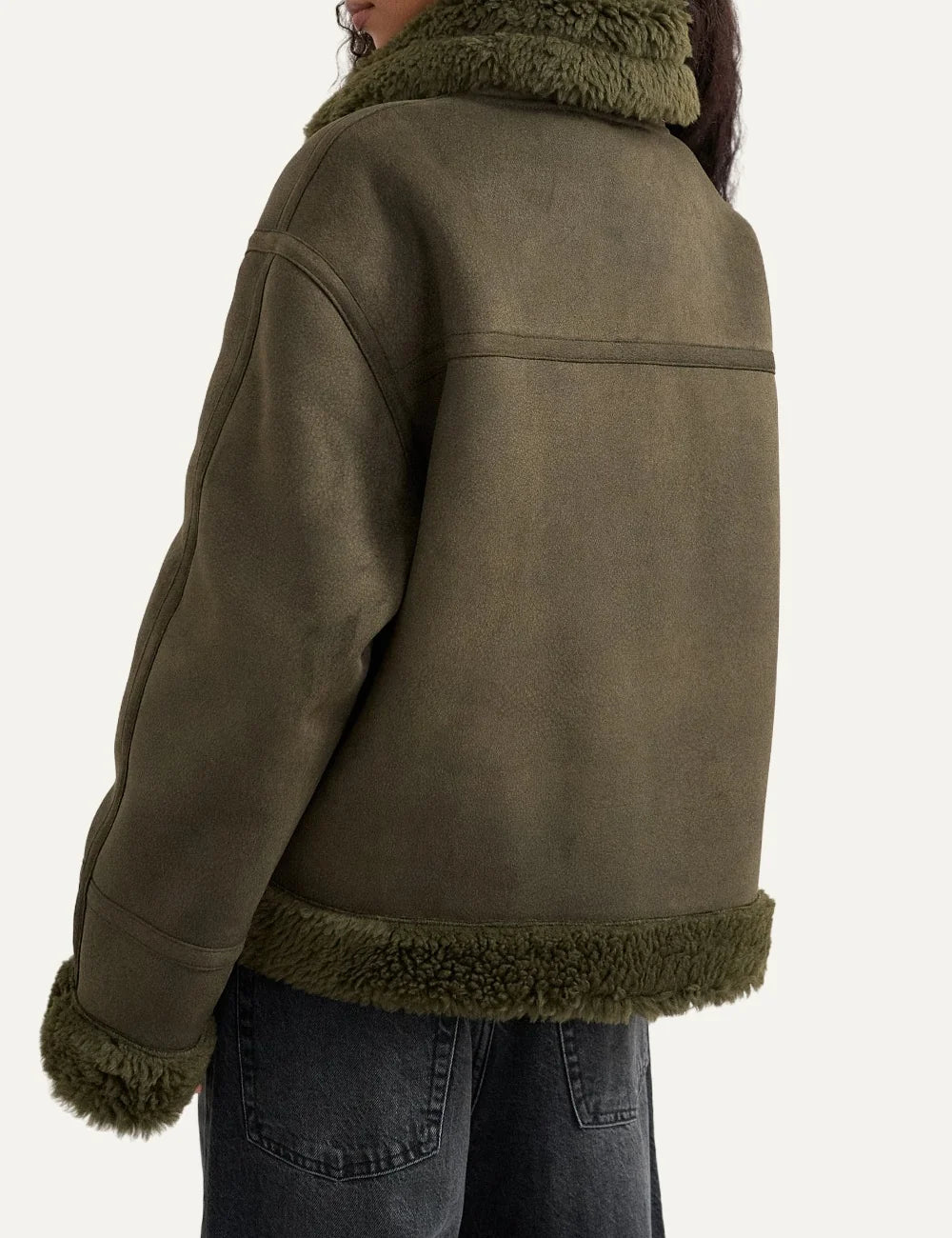 Topshop women's olive green suede-effect jacket with faux shearling collar, cuffs and asymmetric zip closure back