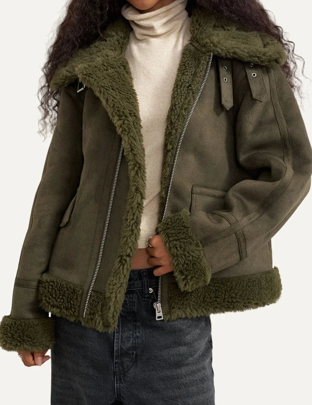 Topshop women's olive green suede-effect jacket with faux shearling collar, cuffs and asymmetric zip closure.