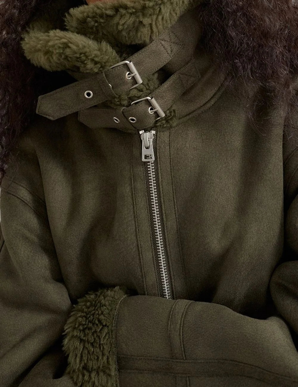 Topshop women's olive green suede-effect jacket with faux shearling collar, cuffs and asymmetric zip closure detail