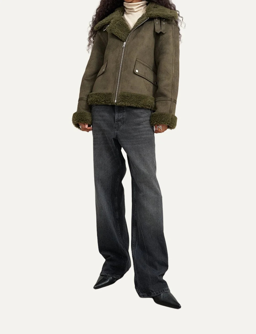 Topshop women's olive green suede-effect jacket with faux shearling collar, cuffs and asymmetric zip closure full body