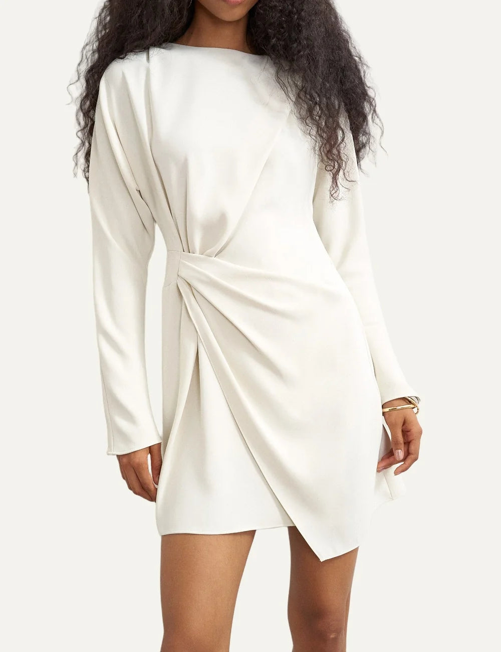 Topshop women's white mini dress with high neckline, long sleeves, draped waist and asymmetric wrap front.