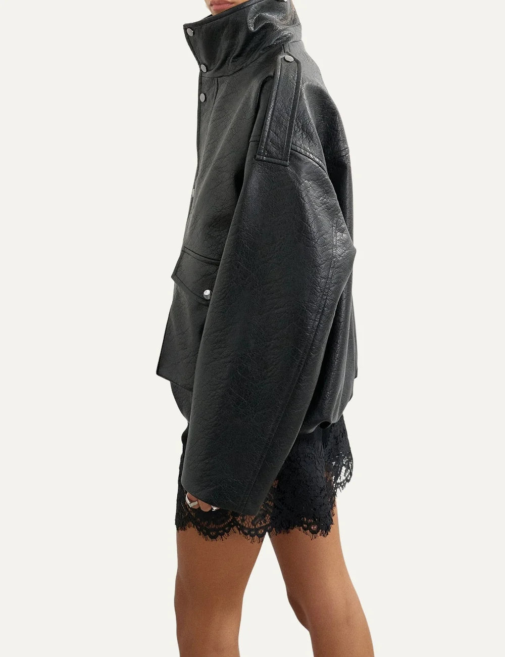 Topshop women's black faux leather bomber jacket with high stand collar, snap buttons and oversized flap pockets side