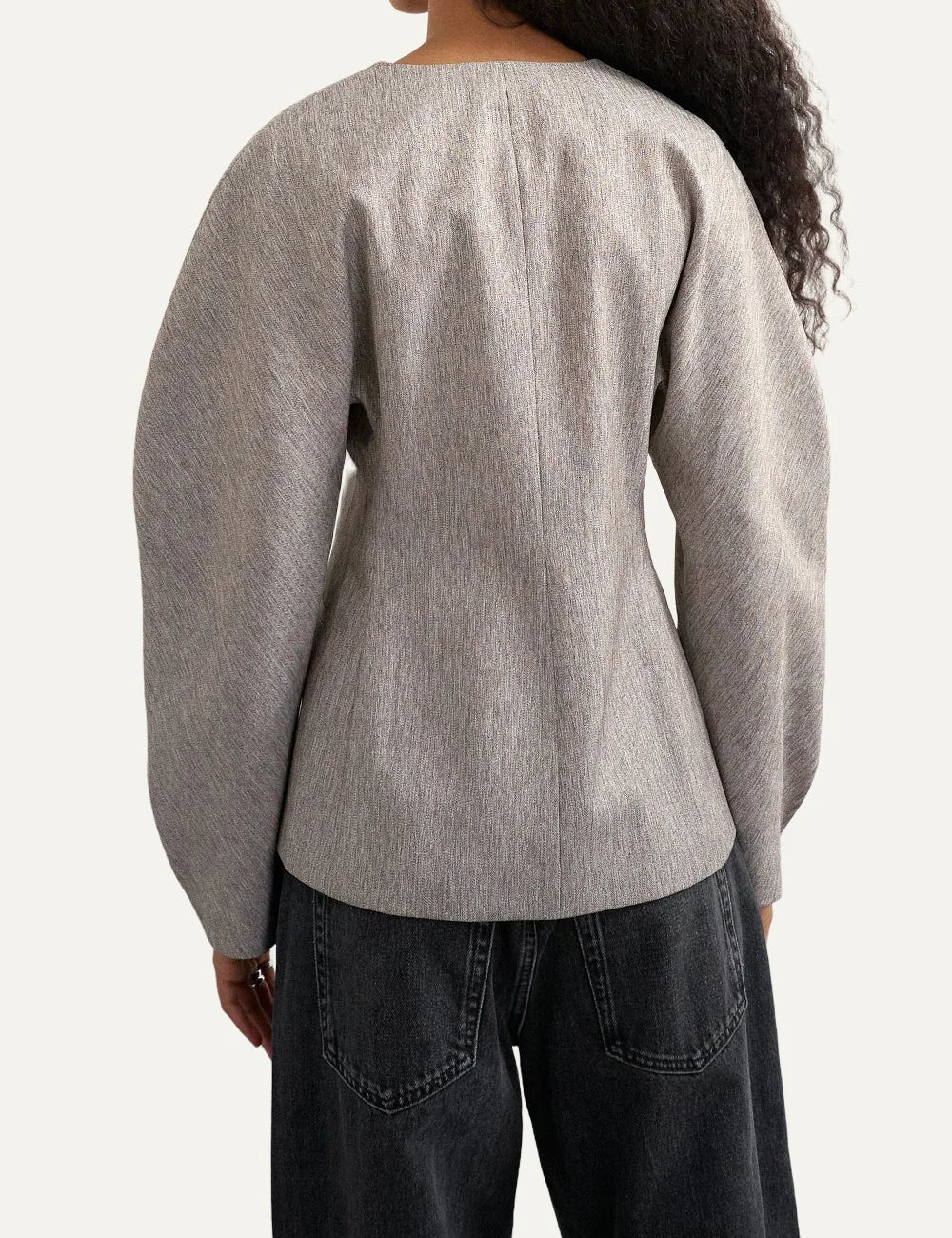 Topshop women's beige brown melange collarless blazer with V-neck, long sleeves and peplum waist back
