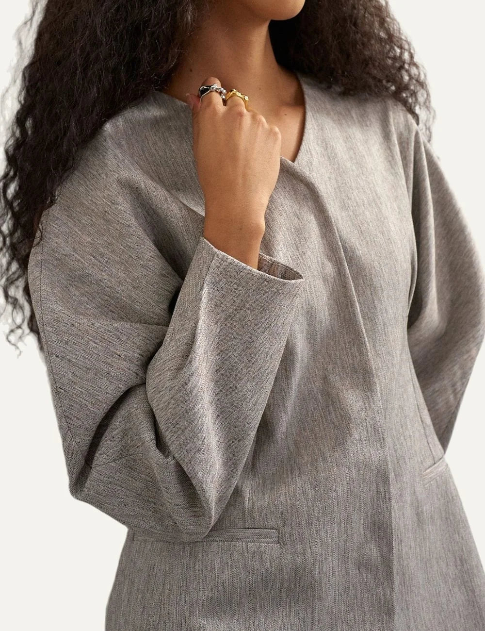 Topshop women's beige brown melange collarless blazer with V-neck, long sleeves and peplum waist detail