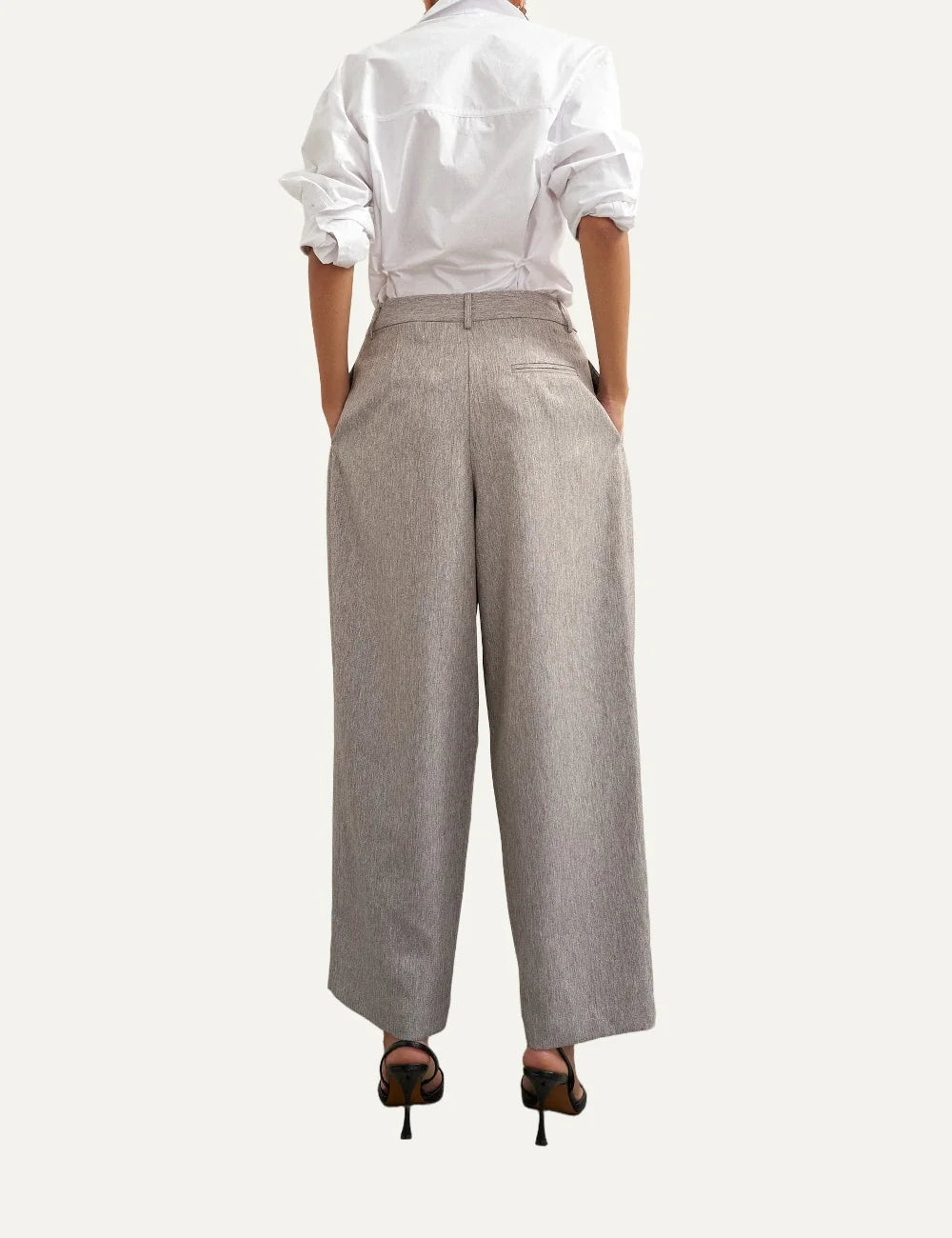 Topshop women's beige brown melange wide-leg trousers with front pleats, mid-rise waist and cropped length back