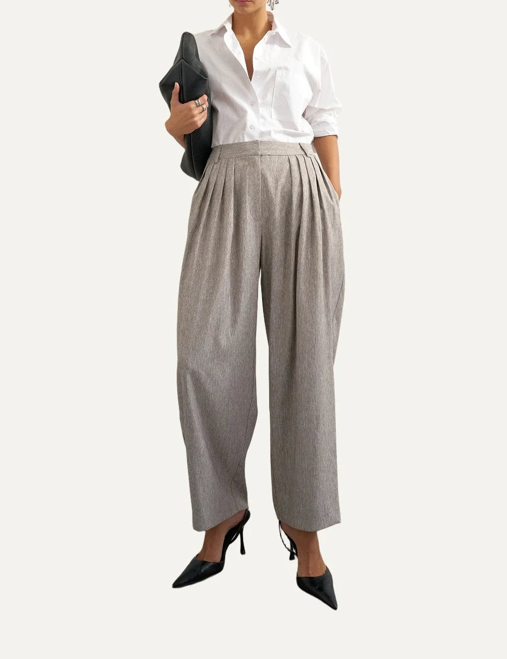 Topshop women's beige brown melange wide-leg trousers with front pleats, mid-rise waist and cropped length.