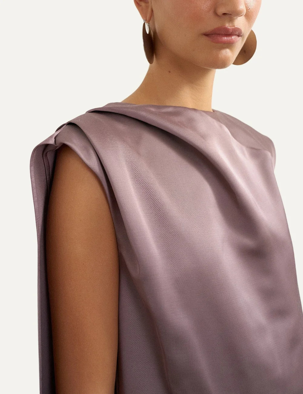 Topshop women's taupe satin mini dress with sleeveless design, cowl neckline and draped back detail