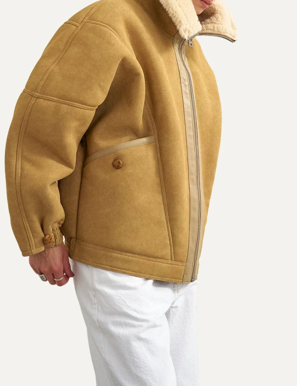 Topshop women's camel beige suede-effect jacket with cream faux fur collar, oversized fit and front zipper model