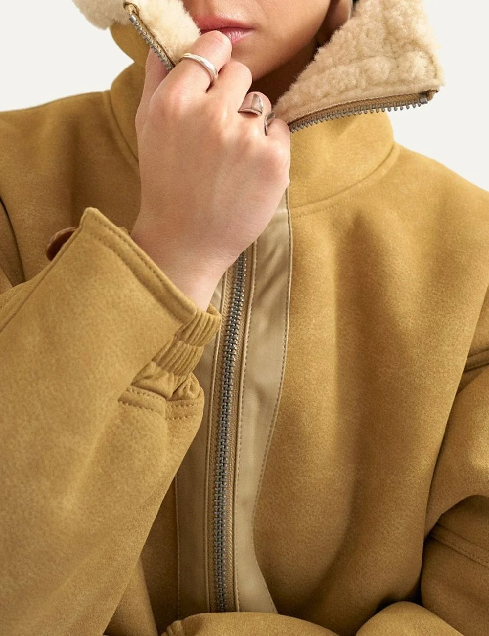 Topshop women's camel beige suede-effect jacket with cream faux fur collar, oversized fit and front zipper detail