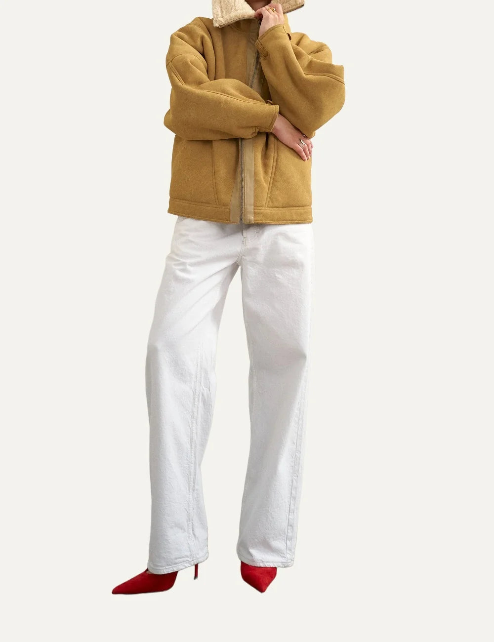 Topshop women's camel beige suede-effect jacket with cream faux fur collar, oversized fit and front zipper.