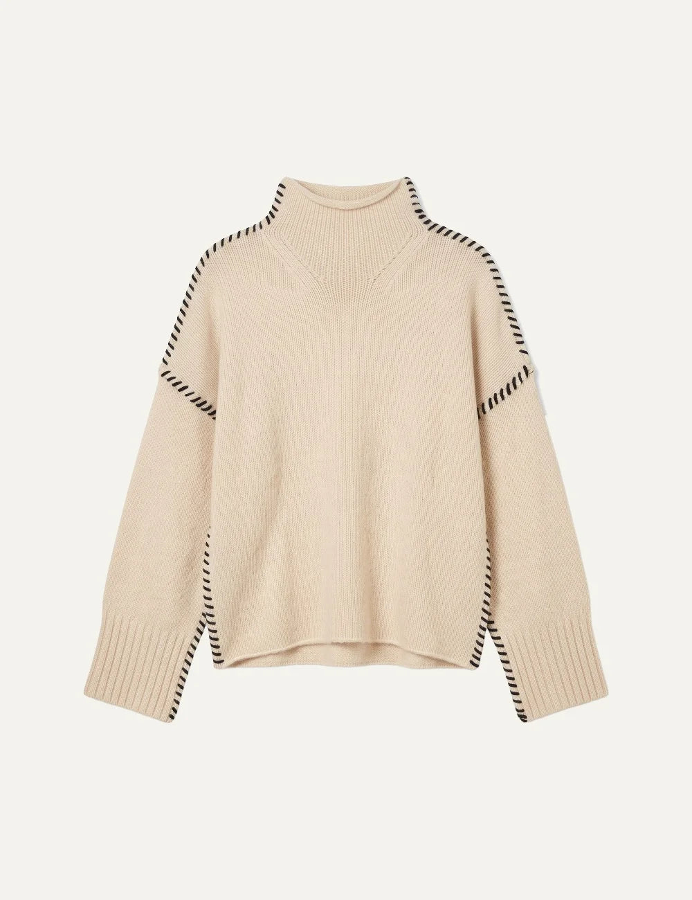 Topshop women's beige knitted jumper with crew neck, long sleeves and contrasting black stitch details.