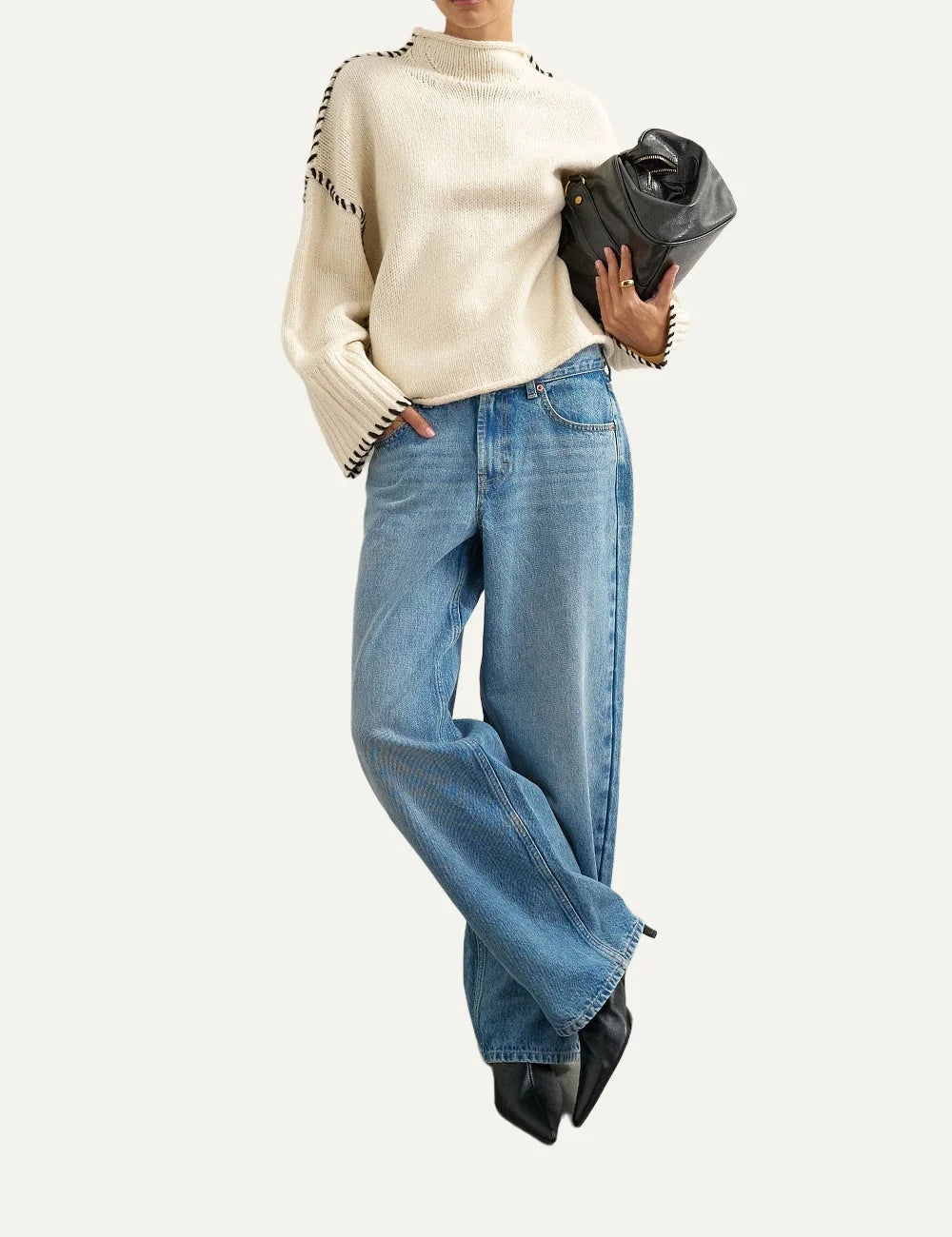 Topshop women's beige knitted jumper with crew neck, long sleeves and contrasting black stitch details full body