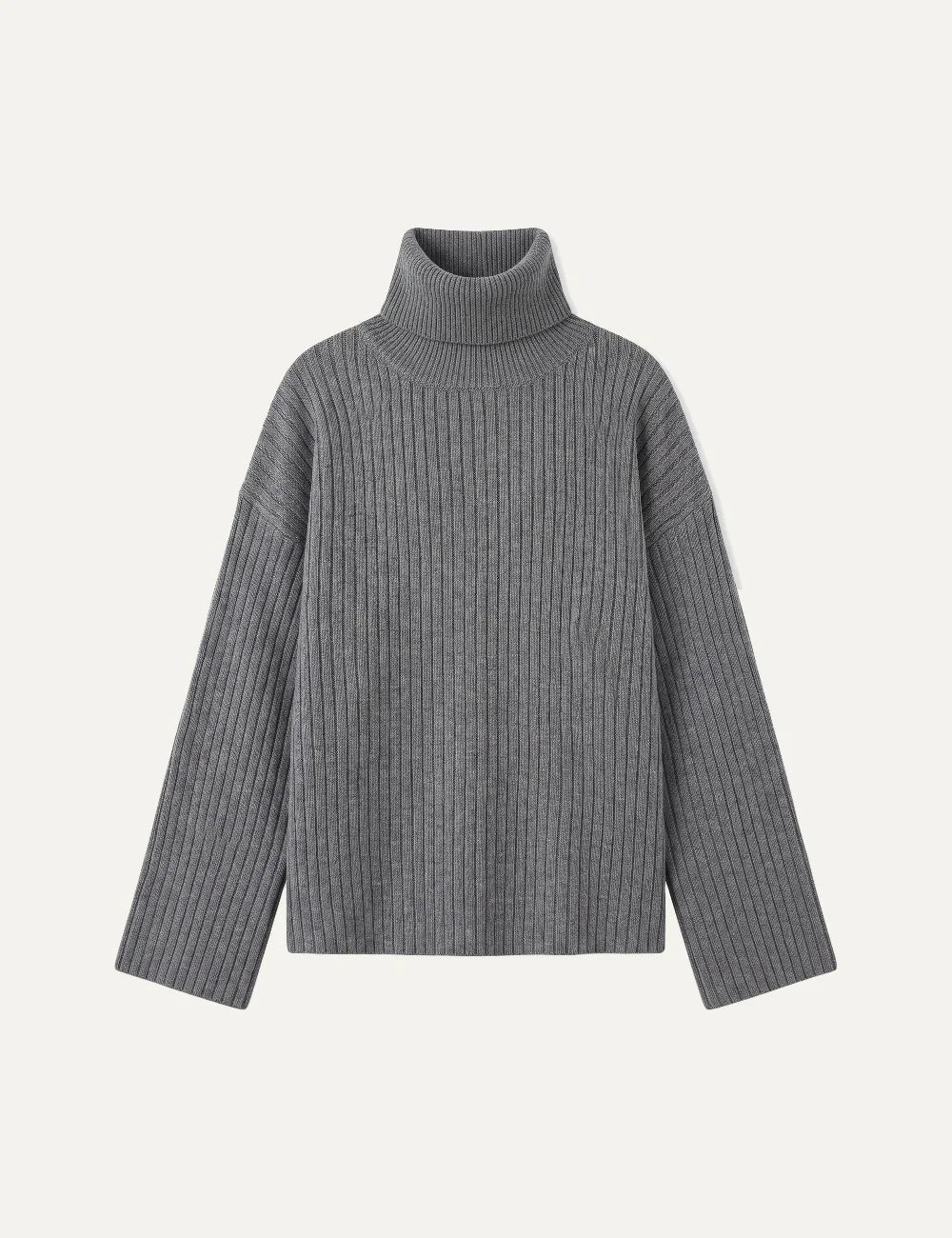 Topshop women's dark grey ribbed knit sweater with roll neck, dropped shoulders and oversized fit.