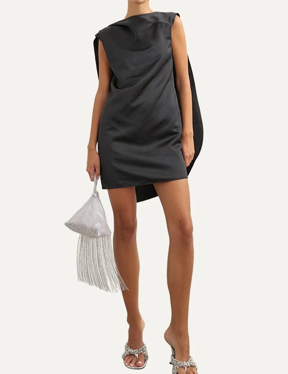 Topshop women's black satin mini dress with boat neckline, cap sleeves and draped front full body