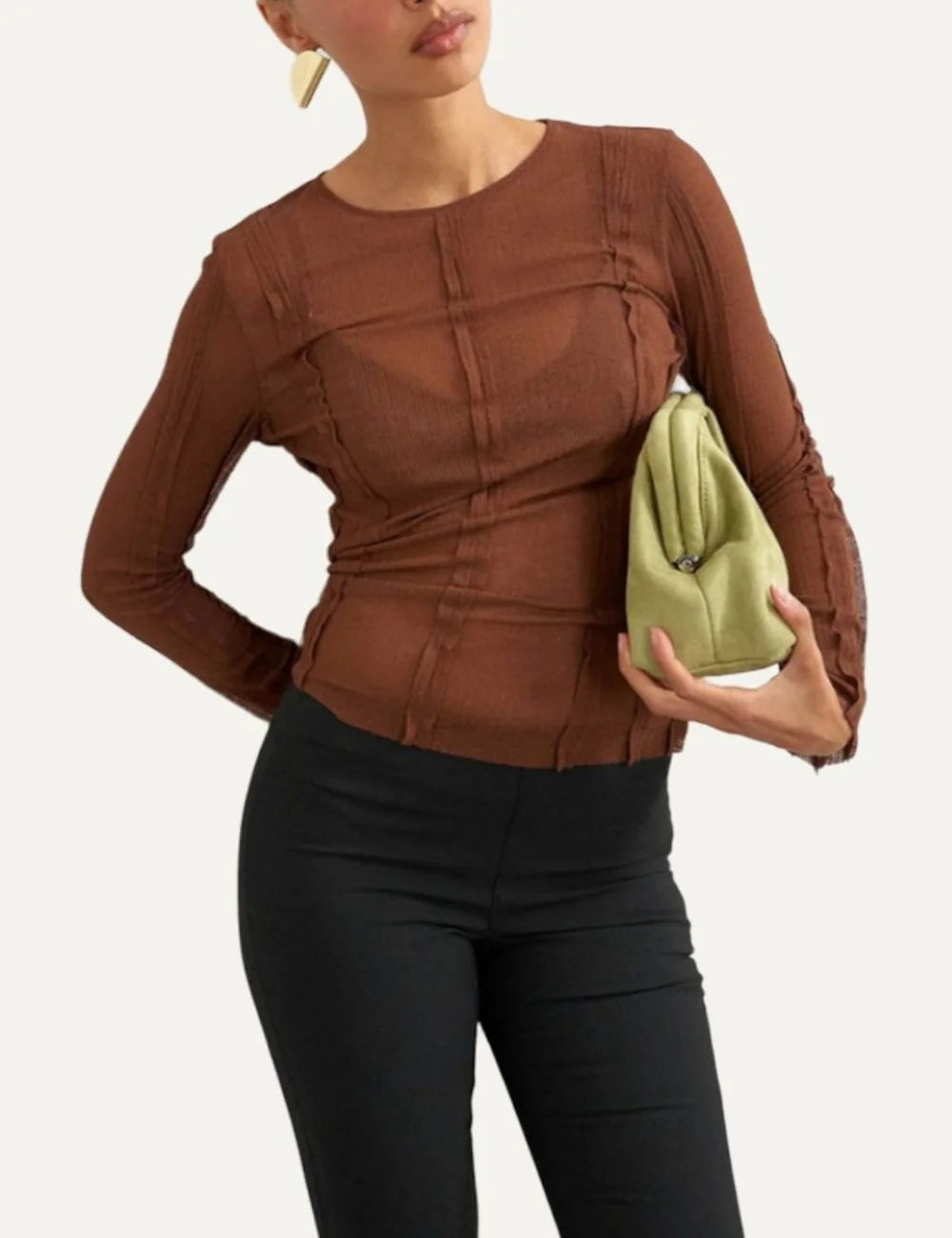 Topshop women's Belma rust brown sheer ribbed long sleeve top with exposed seams.