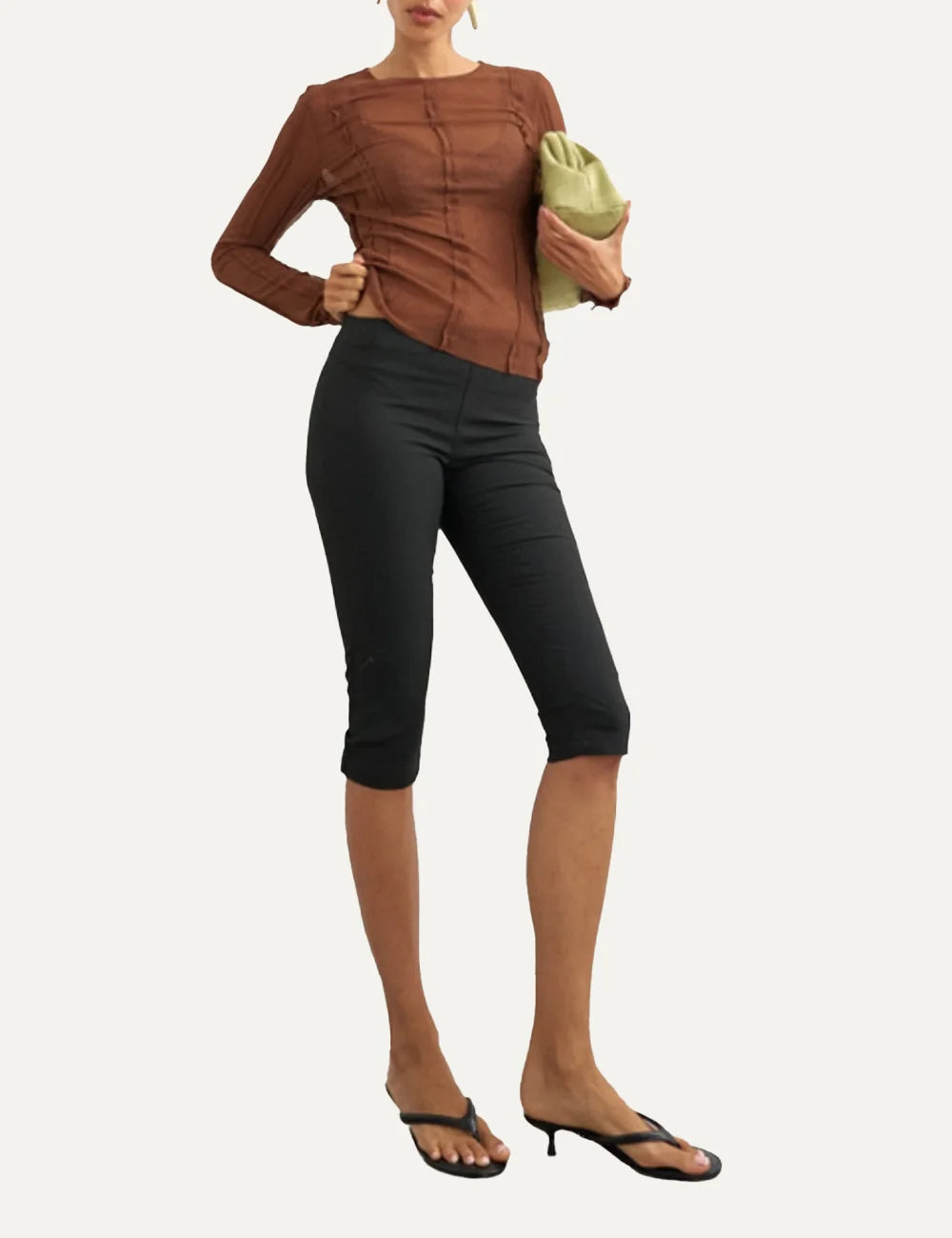 Topshop women's Belma rust brown sheer ribbed long sleeve top with exposed seams full body