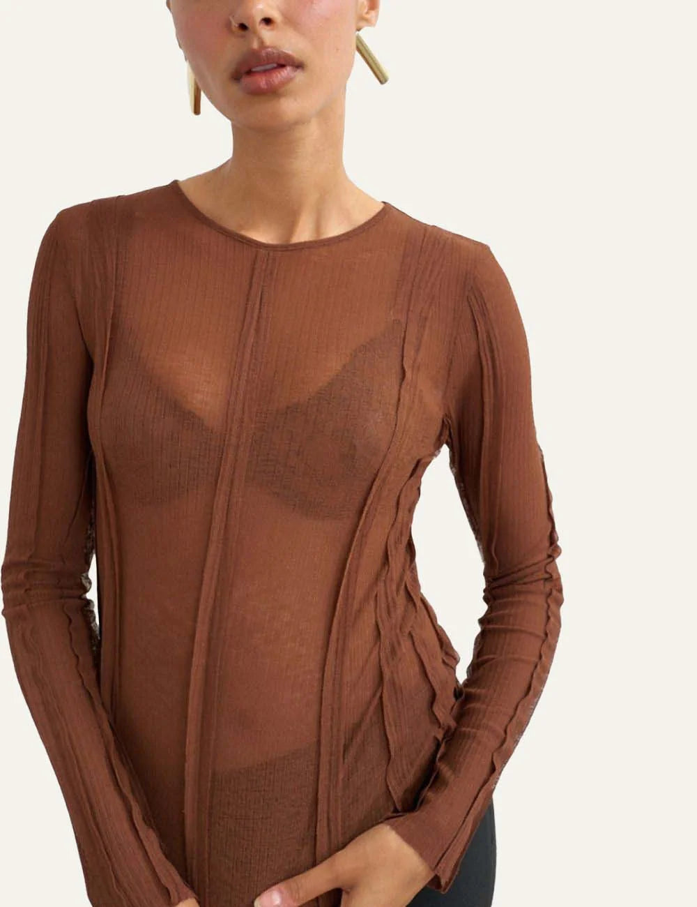 Topshop women's Belma rust brown sheer ribbed long sleeve top with exposed seams detail