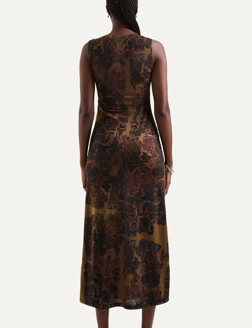 Topshop women's brown printed sleeveless midi dress with side ruching and front slit back