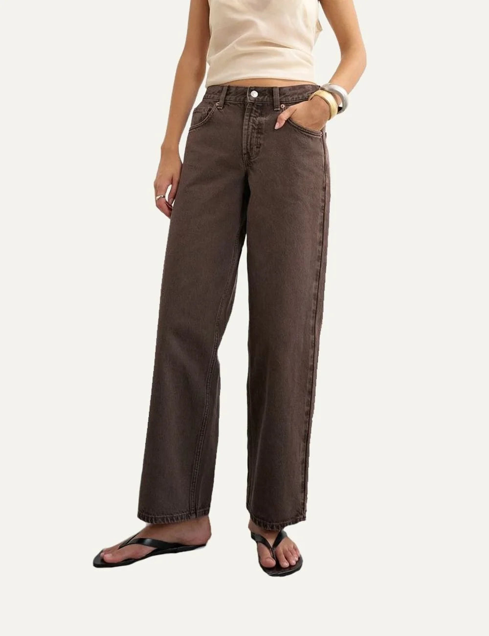 Topshop women's Cinch wide leg jeans in washed chocolate brown denim with low-rise waist.