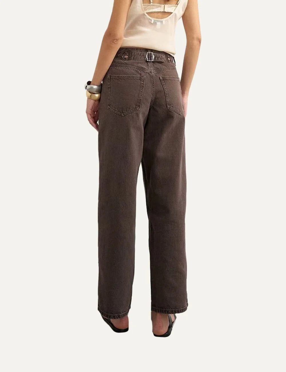 Topshop women's Cinch wide leg jeans in washed chocolate brown denim with low-rise waist back