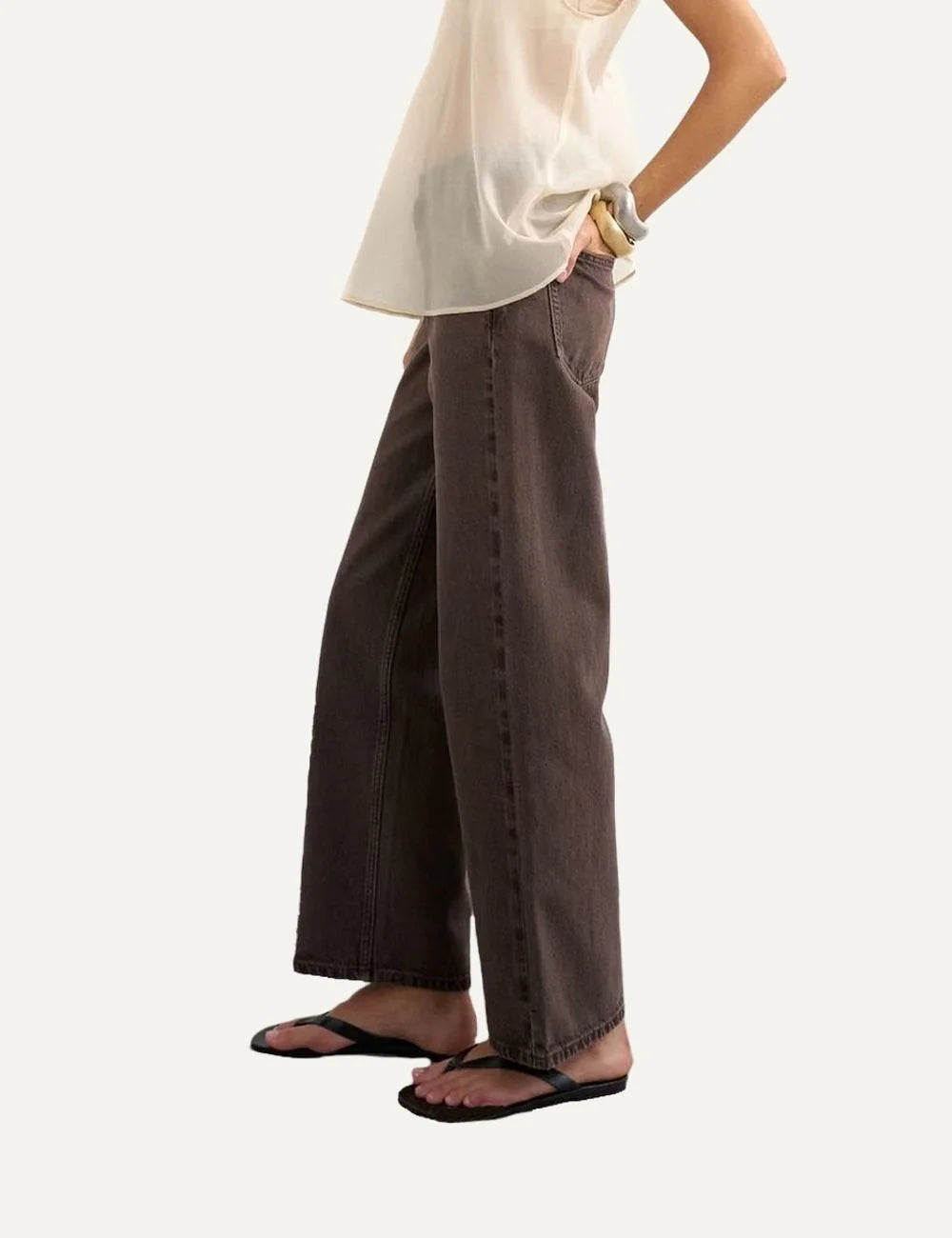 Topshop women's Cinch wide leg jeans in washed chocolate brown denim with low-rise waist side