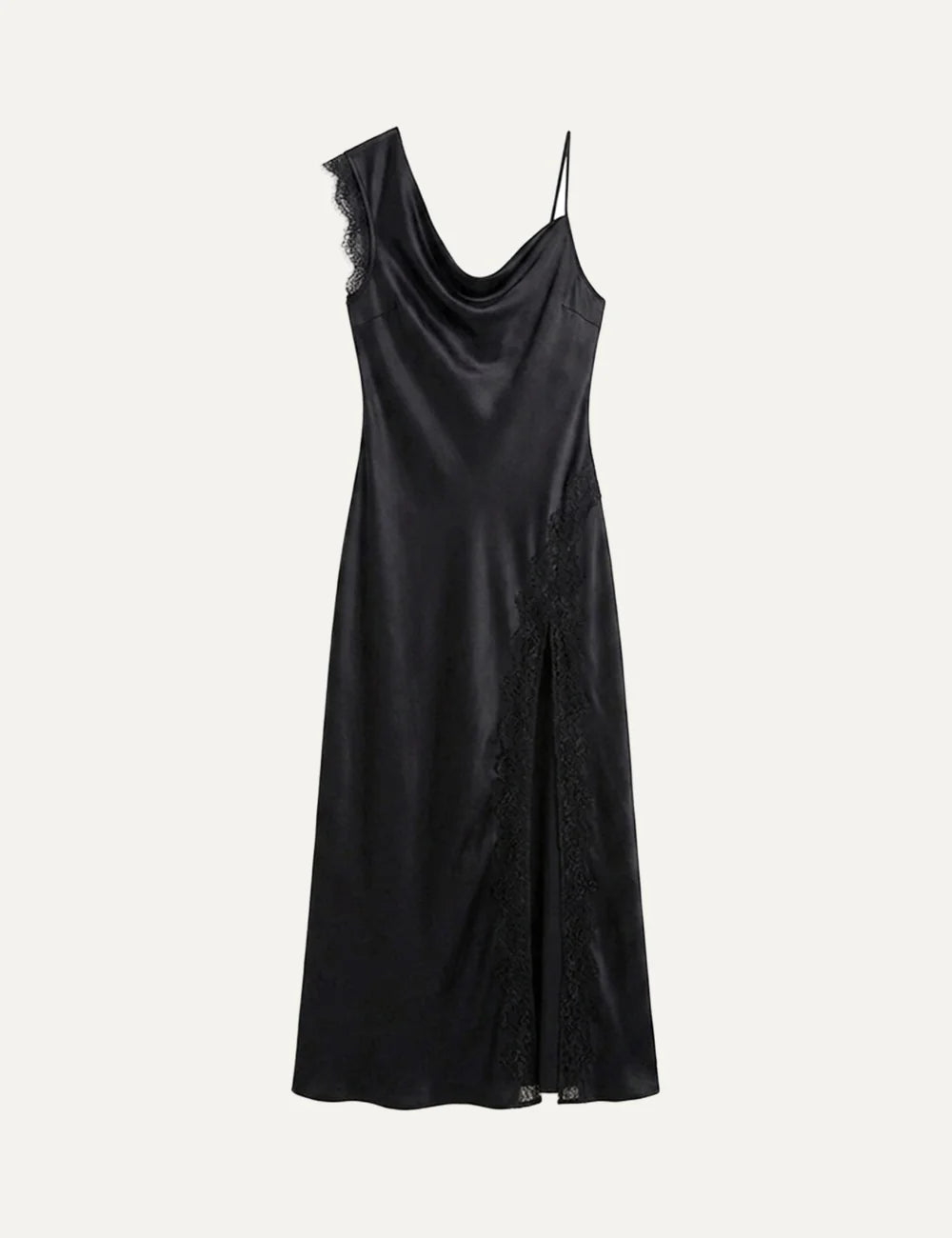 Topshop women's Clarion brown satin maxi dress with asymmetric shoulder and black lace trim.
