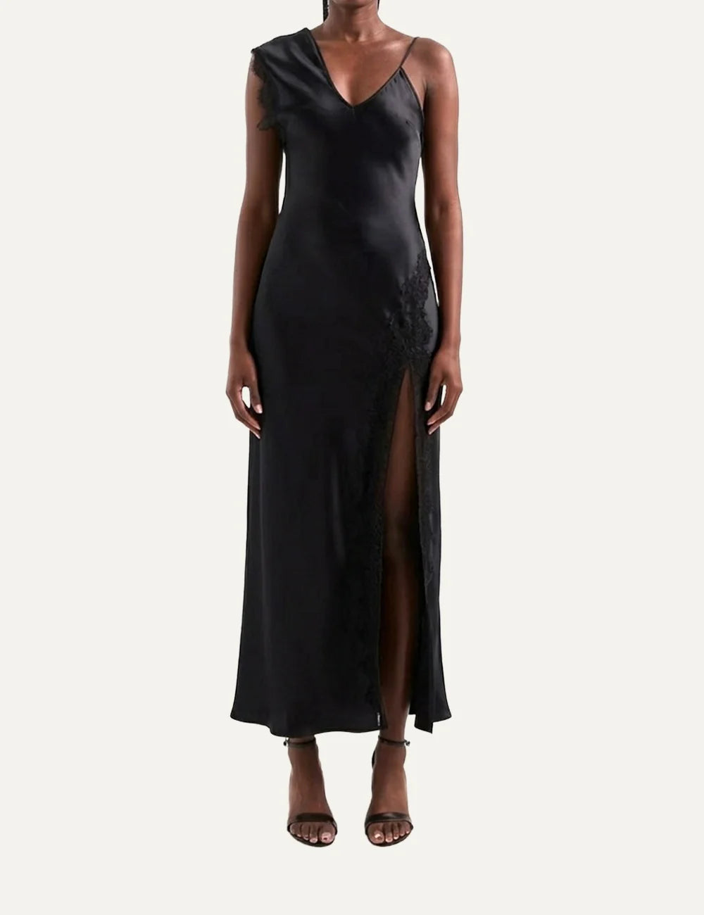 Topshop women's Clarion brown satin maxi dress with asymmetric shoulder and black lace trim model