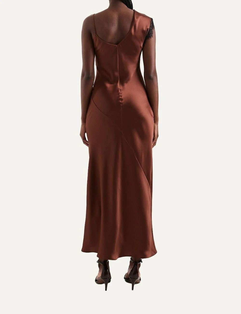 Topshop women's Clarion brown satin maxi dress with asymmetric shoulder and black lace trim back