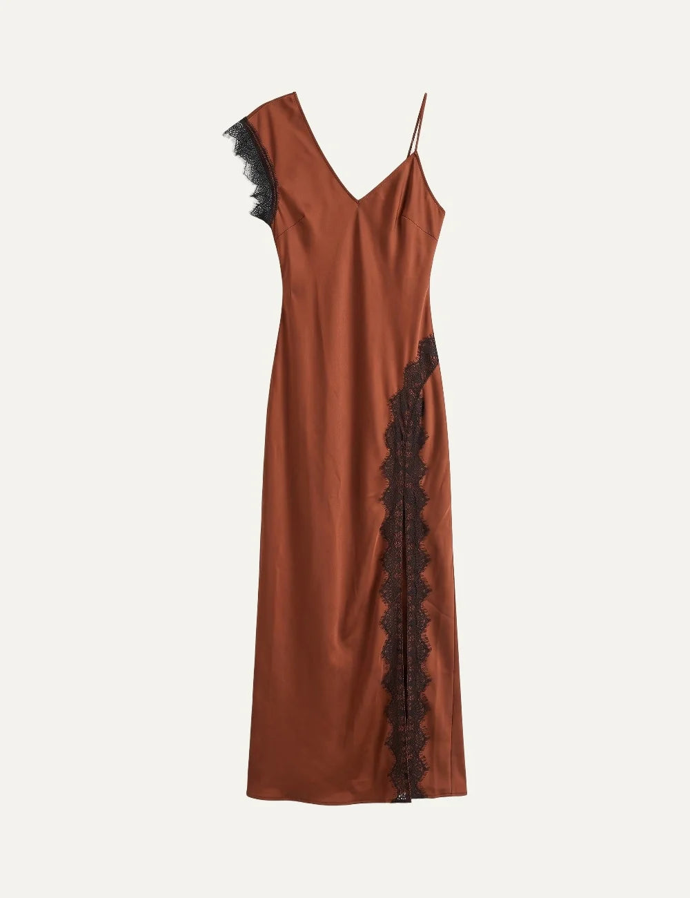 Topshop women's Clarion brown satin maxi dress with asymmetric shoulder and black lace trim.