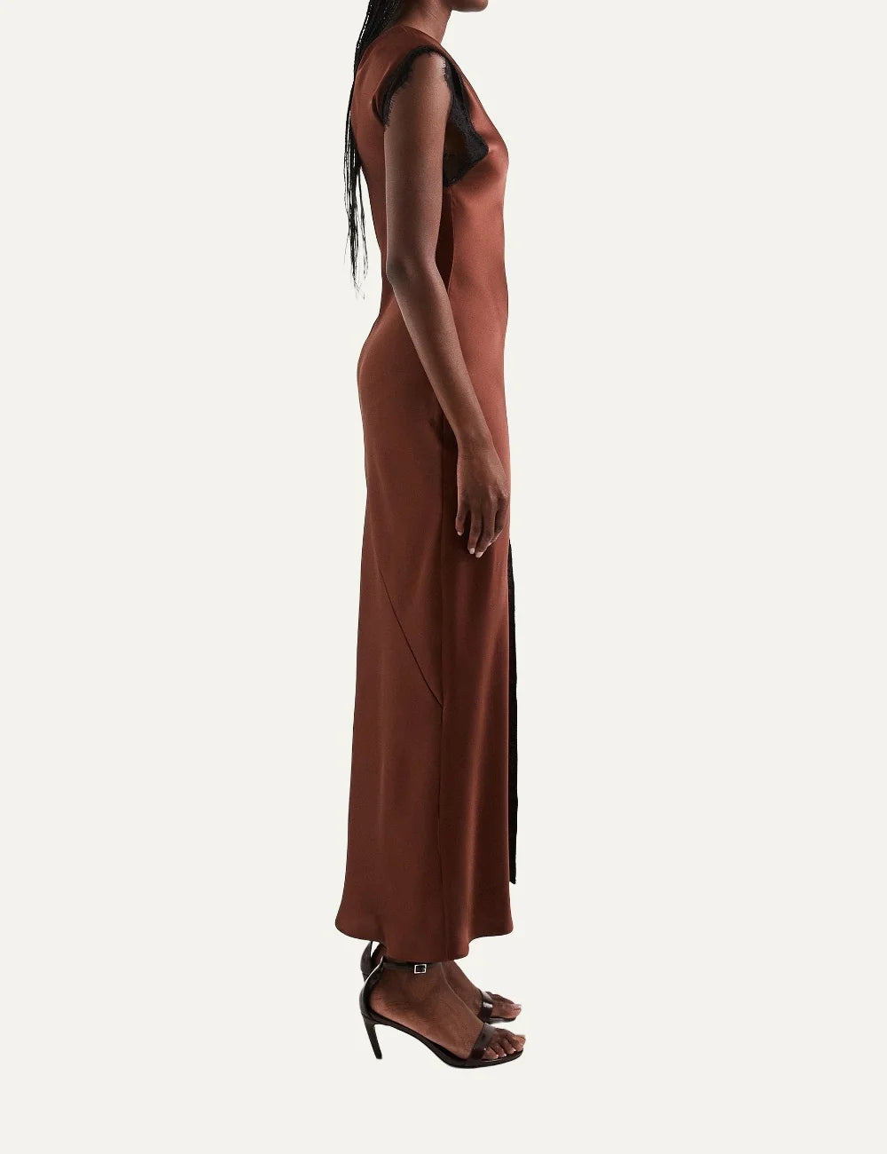 Topshop women's Clarion brown satin maxi dress with asymmetric shoulder and black lace trim side