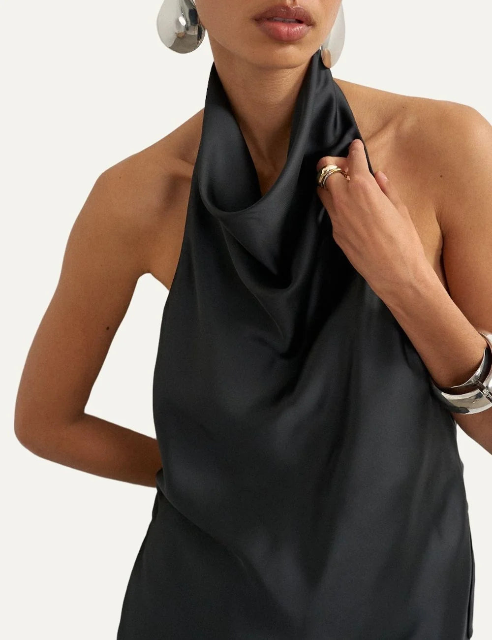 Topshop women's Deima black satin halterneck top with draped cowl neckline model
