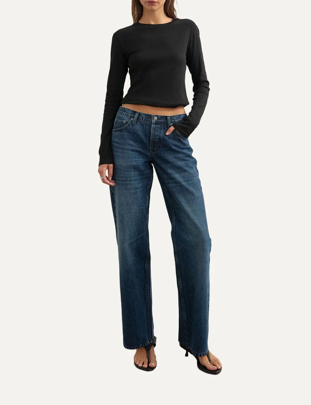 Topshop women's Ember straight leg jeans in dark blue washed denim with low-rise waist full body