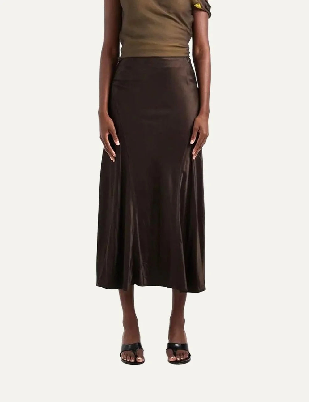 Topshop women's Maya midi skirt in dark chocolate brown with a satin finish and flared silhouette model