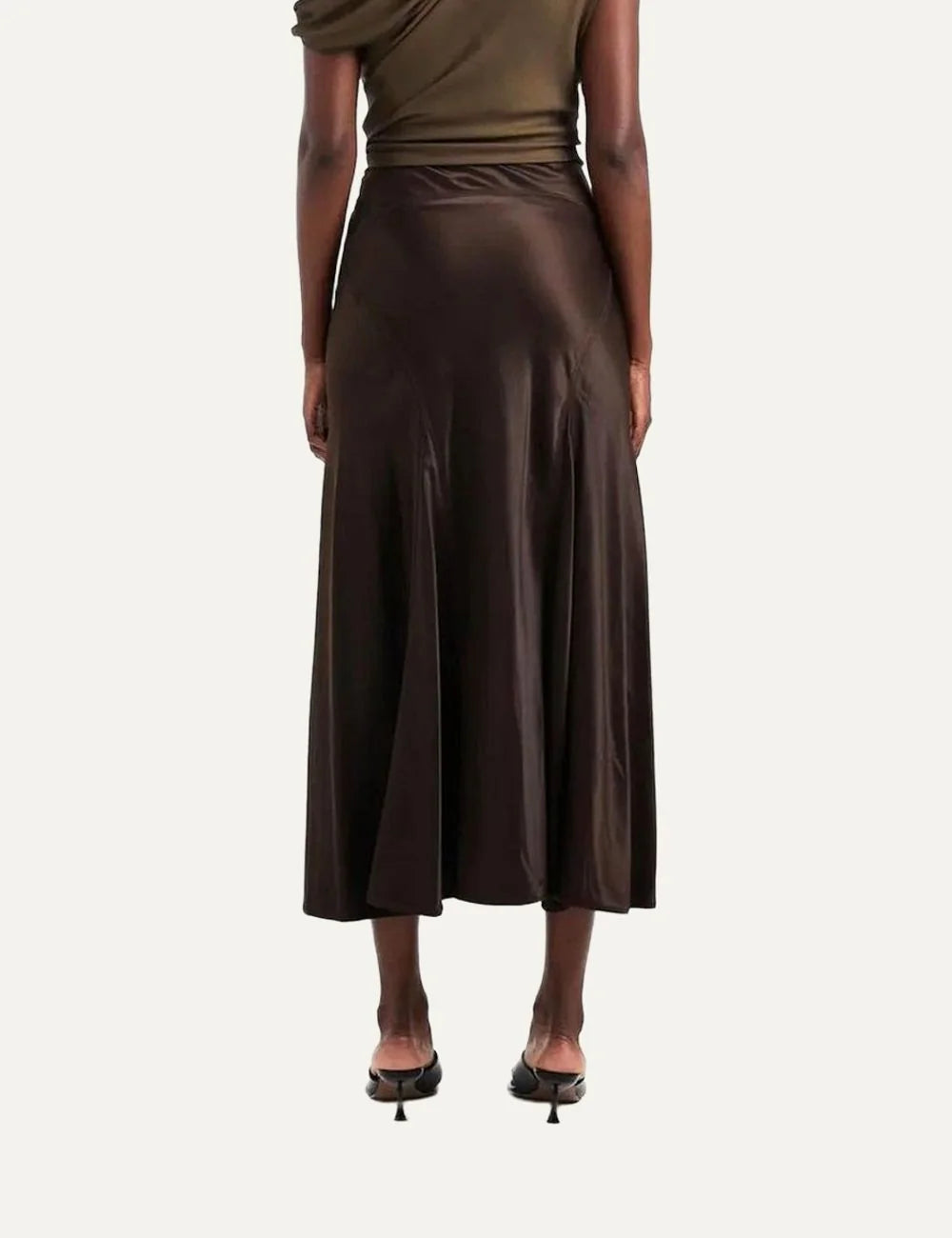 Topshop women's Maya midi skirt in dark chocolate brown with a satin finish and flared silhouette back