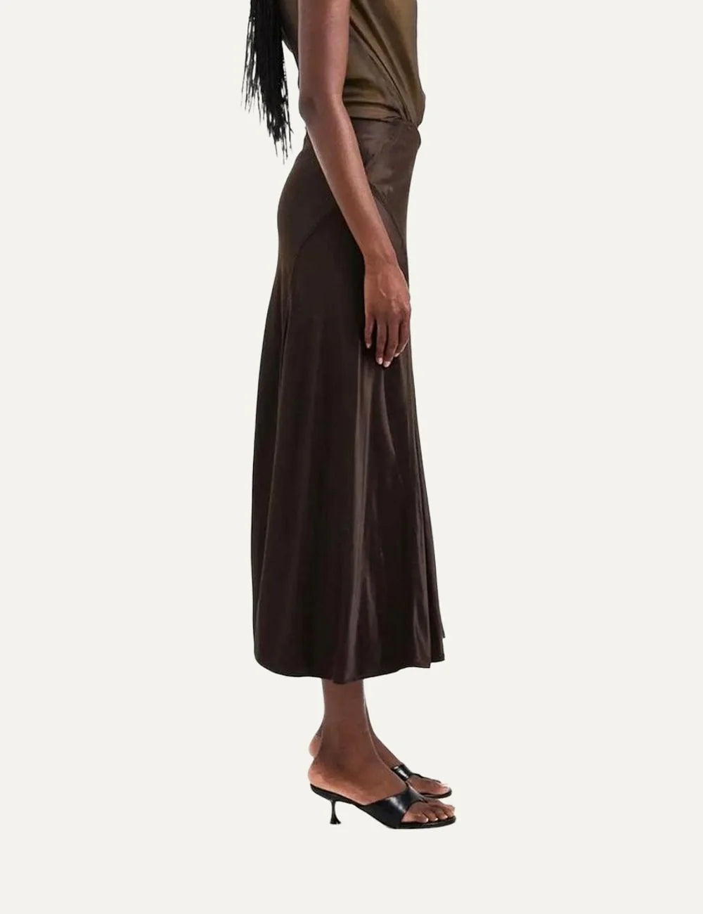 Topshop women's Maya midi skirt in dark chocolate brown with a satin finish and flared silhouette side