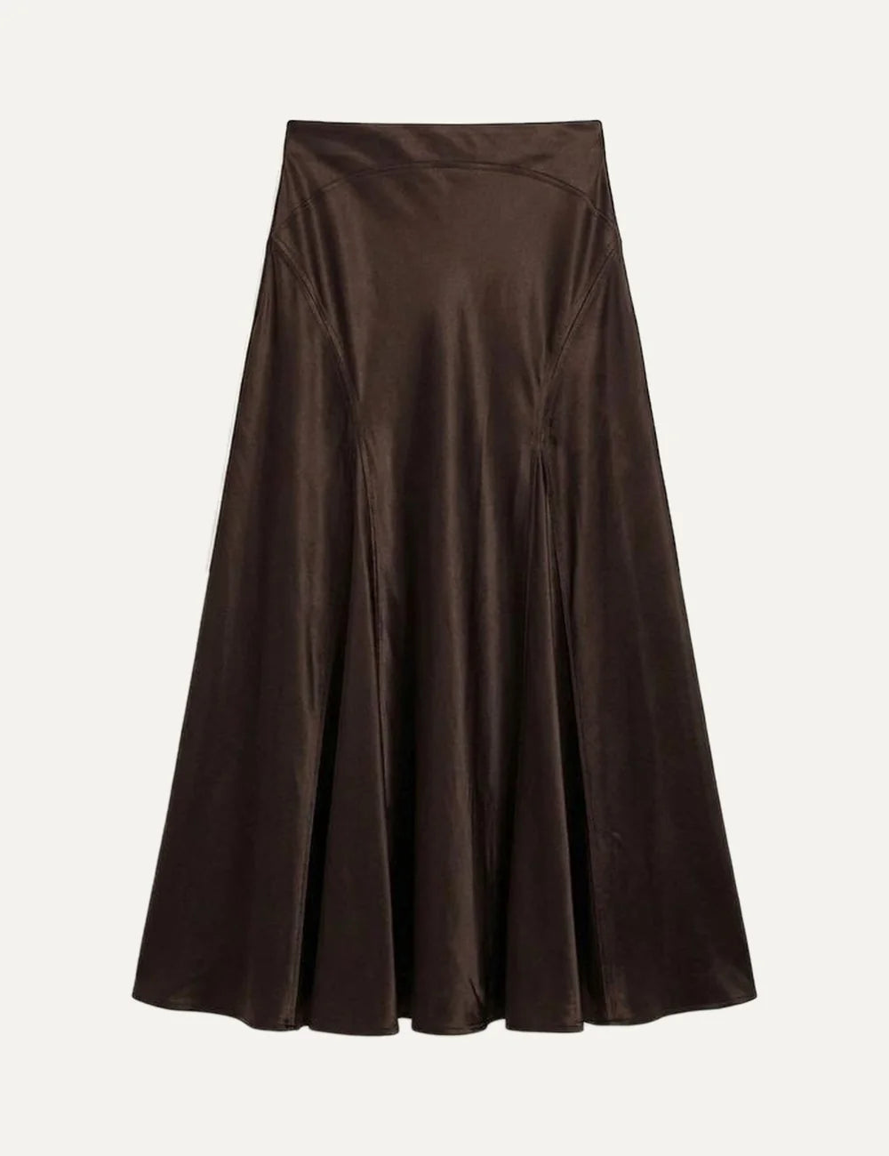Topshop women's Maya midi skirt in dark chocolate brown with a satin finish and flared silhouette.
