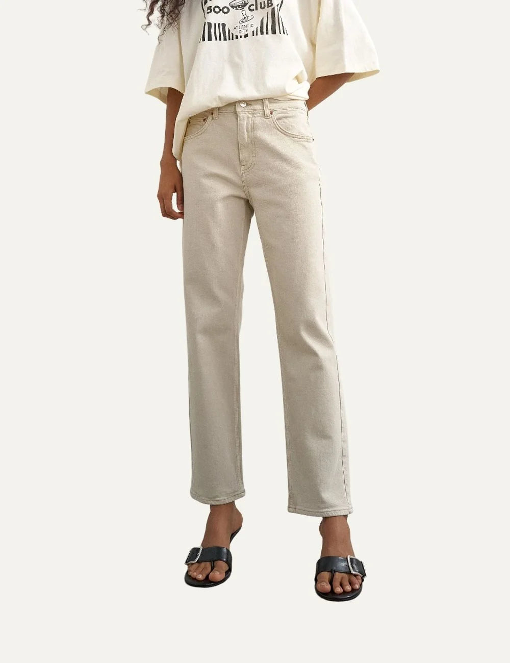 Topshop women's Orson beige mid-rise straight-leg jeans with five-pocket design.