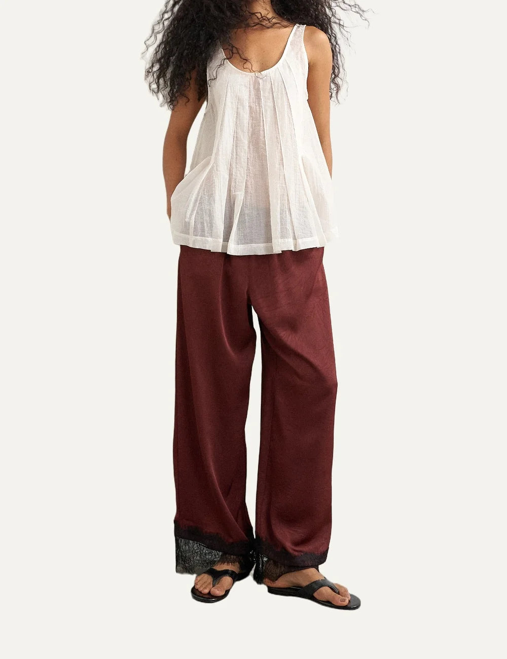 Topshop women's Tsemma burgundy satin wide-leg trousers with black lace trim.