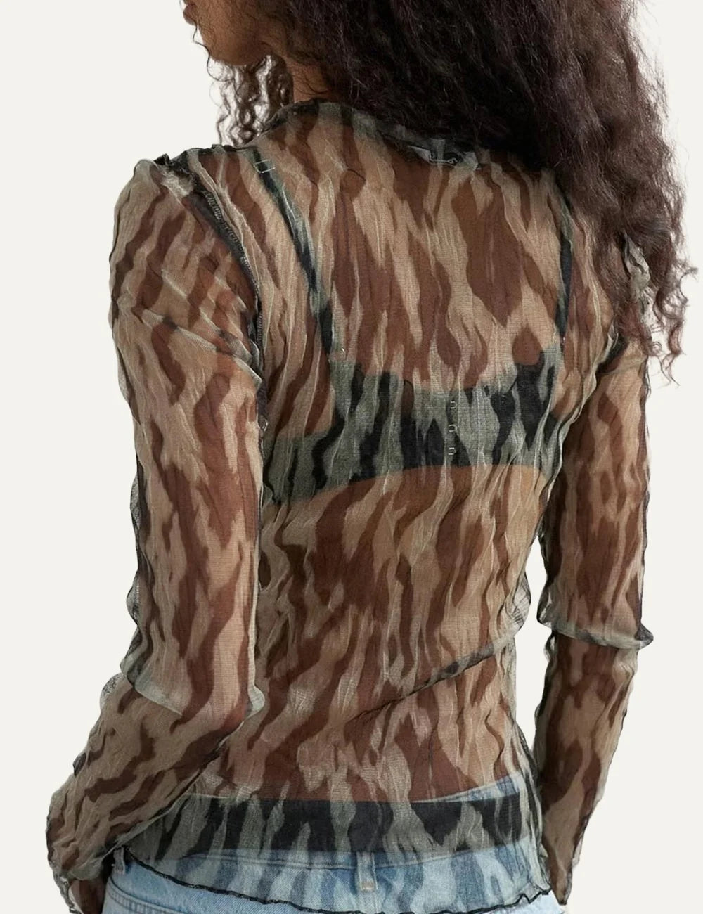 Topshop women's sheer mesh long sleeve top with brown and khaki animal print, ruched details and wavy edges back