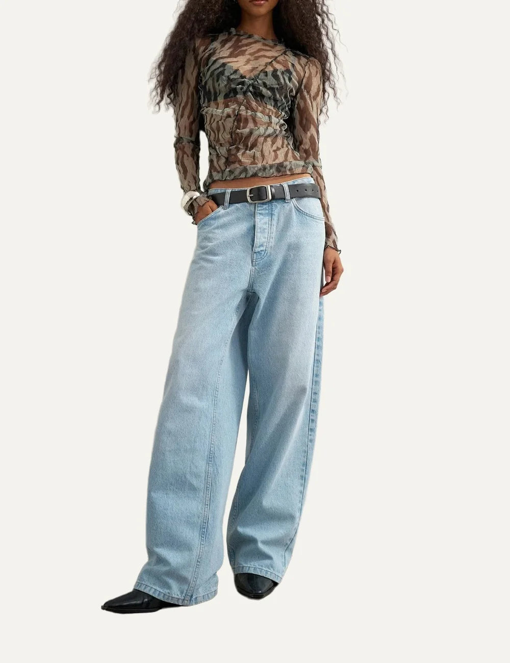Topshop women's sheer mesh long sleeve top with brown and khaki animal print, ruched details and wavy edges full body