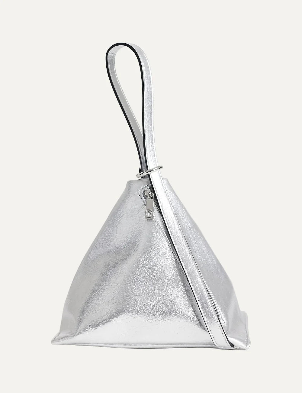 Topshop women's silver metallic triangular Arthur bag with textured finish, loop strap and side zipper.