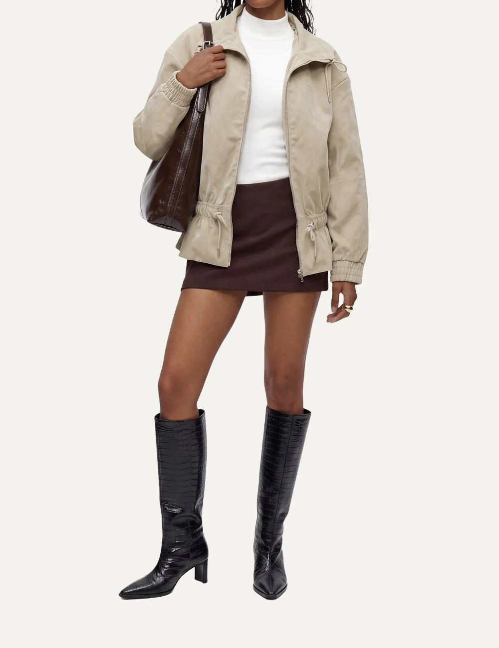 Topshop women's beige zip-up jacket with high collar, drawstring waist and elasticated cuffs full body
