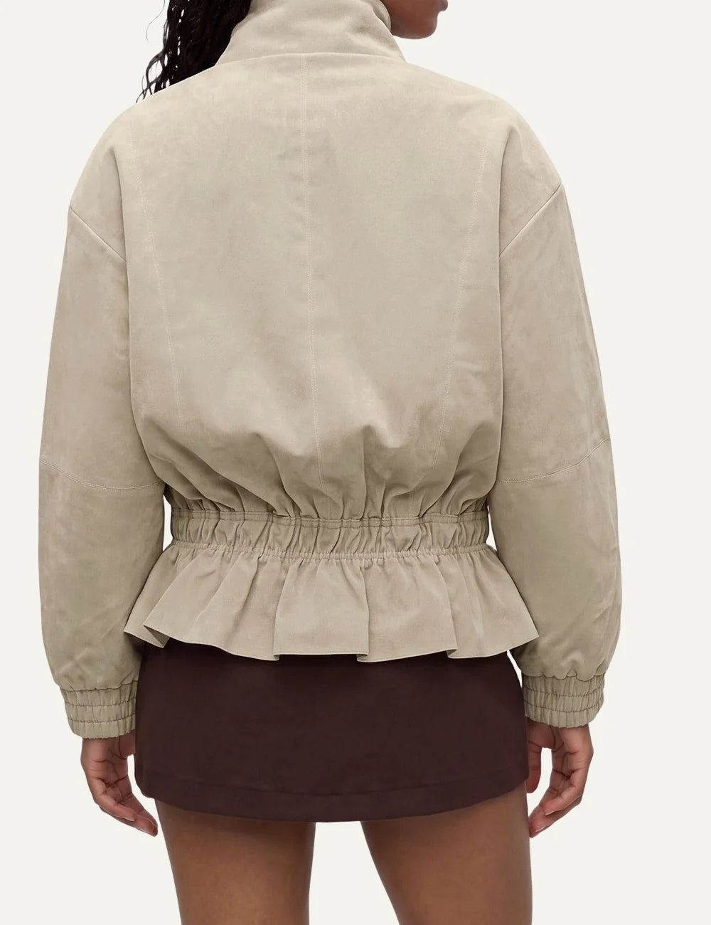 Topshop women's beige zip-up jacket with high collar, drawstring waist and elasticated cuffs back