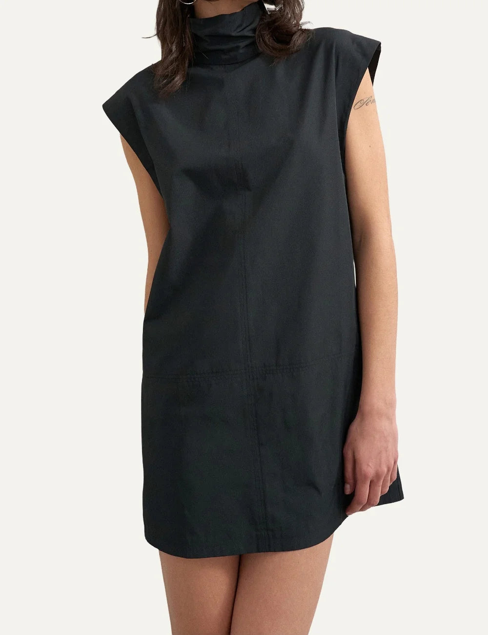 Topshop women's black mini shift dress with high funnel neck and structured cap sleeves.