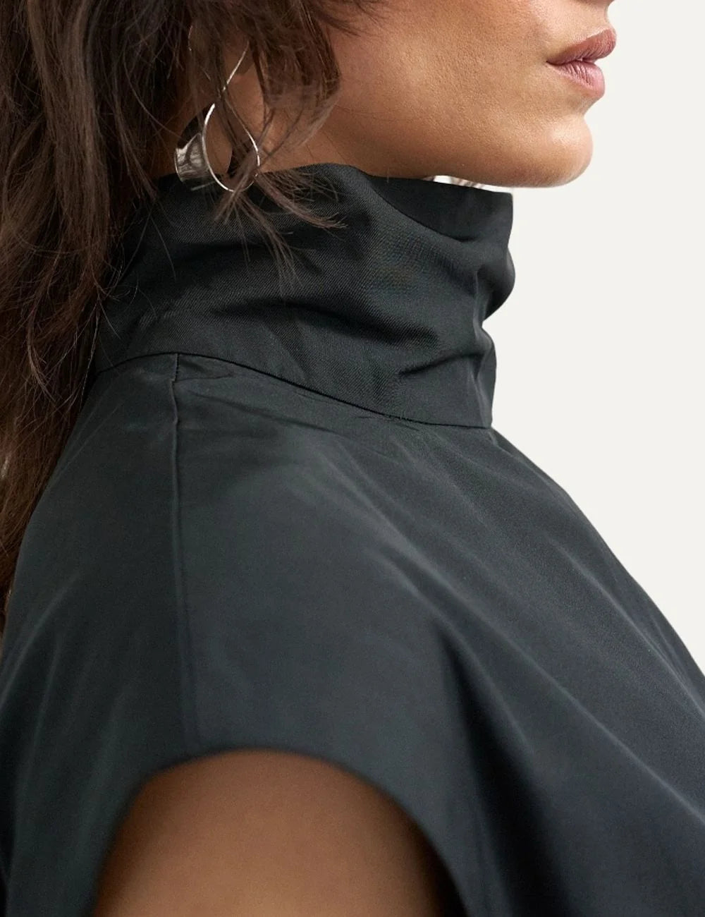 Topshop women's black mini shift dress with high funnel neck and structured cap sleeves detail