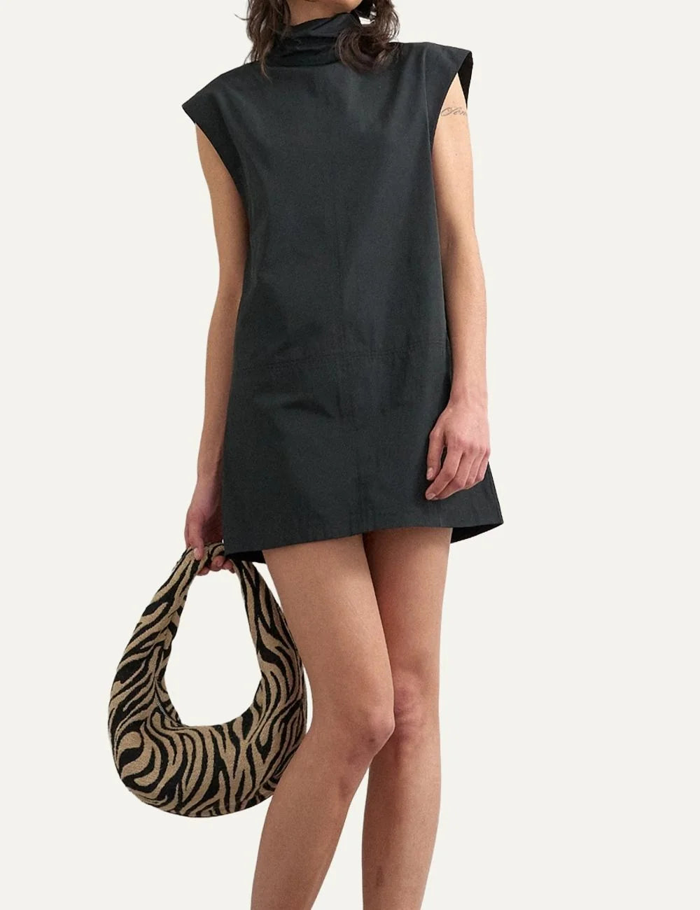 Topshop women's black mini shift dress with high funnel neck and structured cap sleeves model