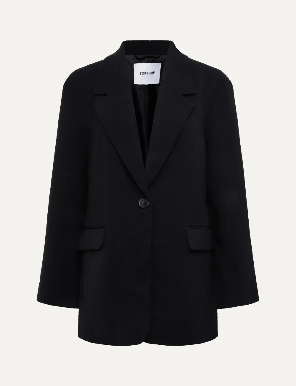 Topshop women's black oversized blazer with notched lapels, single-button closure and flap pockets.