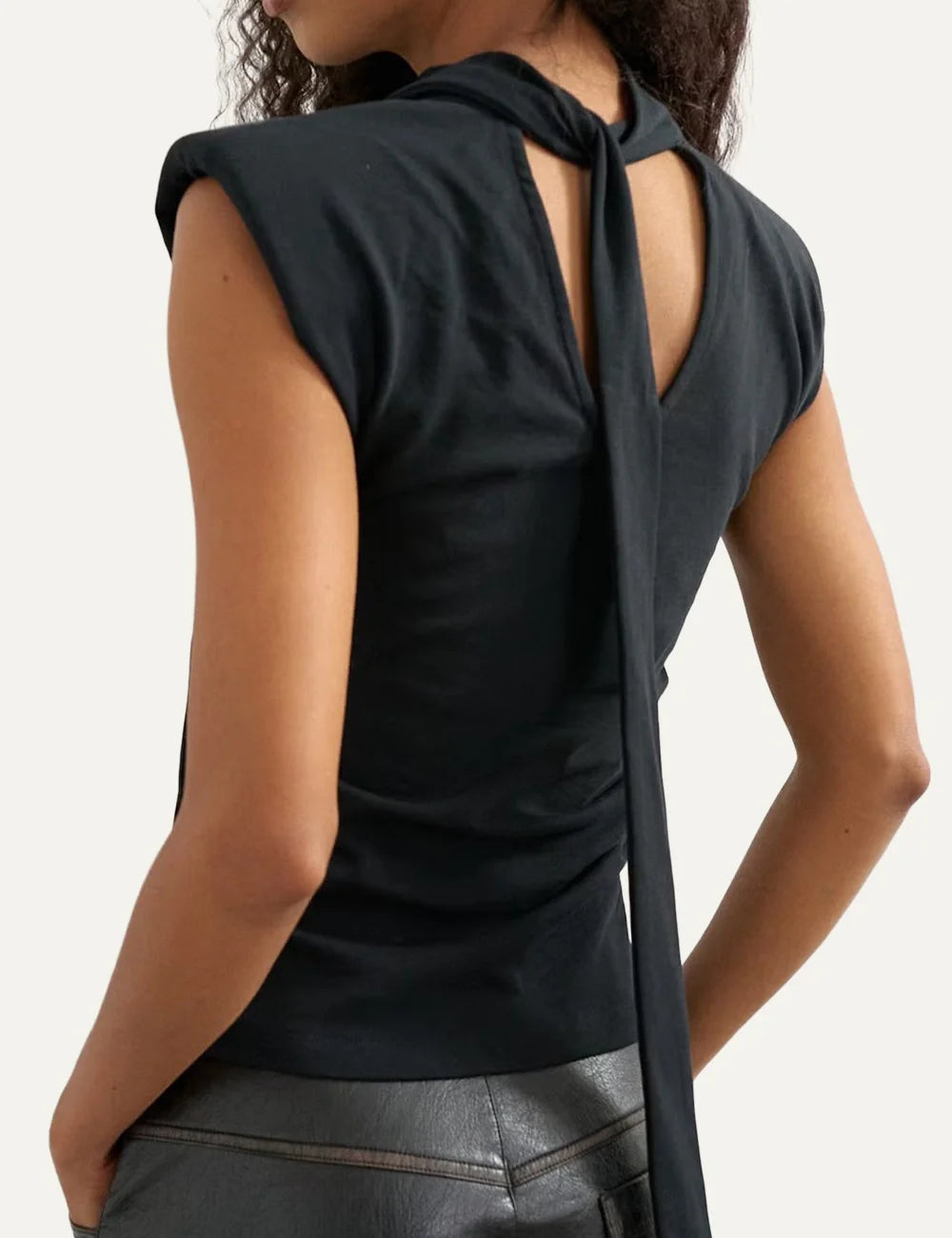 Topshop women's black sleeveless top with high neckline, structured shoulders and side ruching back